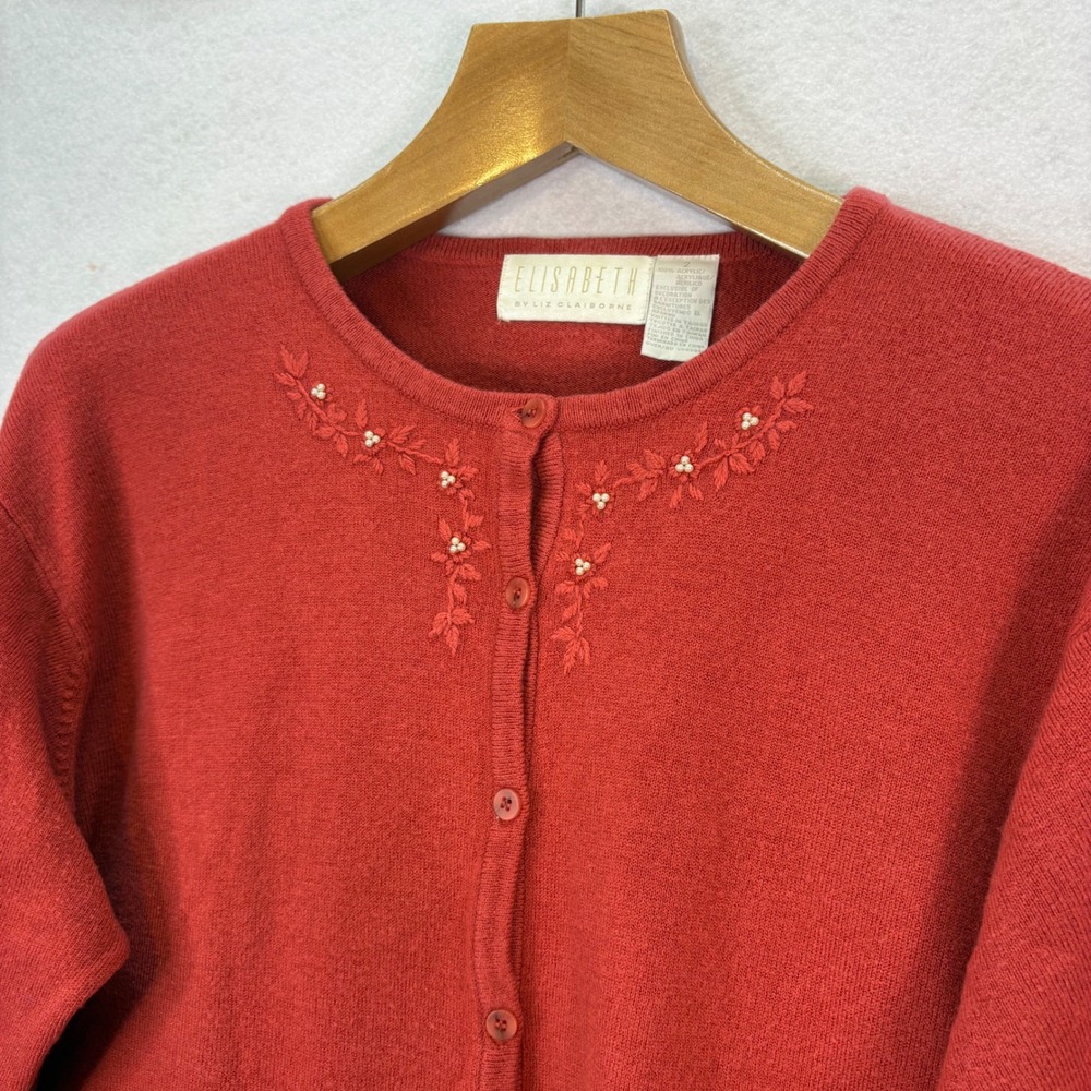 Elisabeth Red Embroidered Button Up Cardigan Sweater Womens 1X Vtg Cottagecore